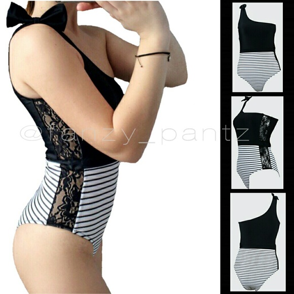 One piece lace panel swimsuit Black white - Picture 2 of 6
